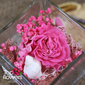 Pink eternal rose in a glass container with a delicate decorative arrangement