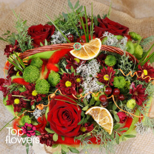 Red flower basket with green accents – gift flowers