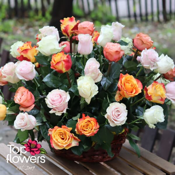 Basket of 51 multicolored roses mix