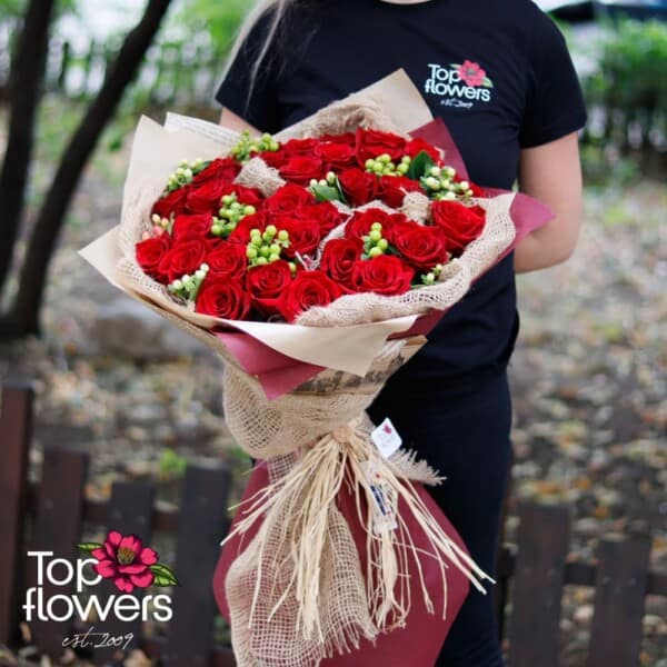 31 red roses with greenery | Bouquet