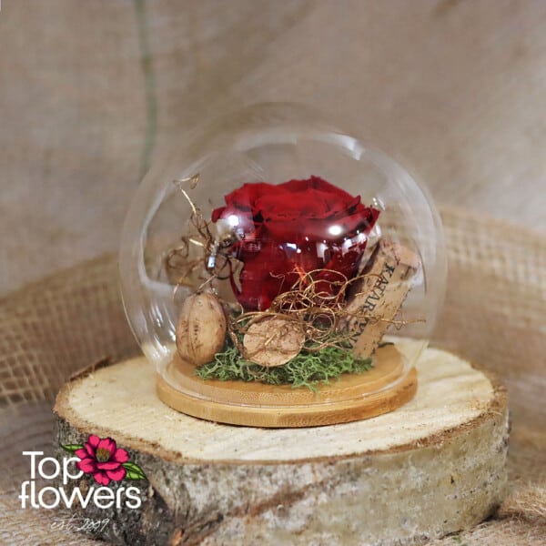 Вечна роза в стъклена сфера с дървена основа | ЧЕРВЕНА