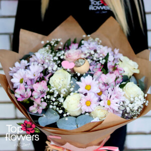 Hand-arranged floral bouquet in pink and white