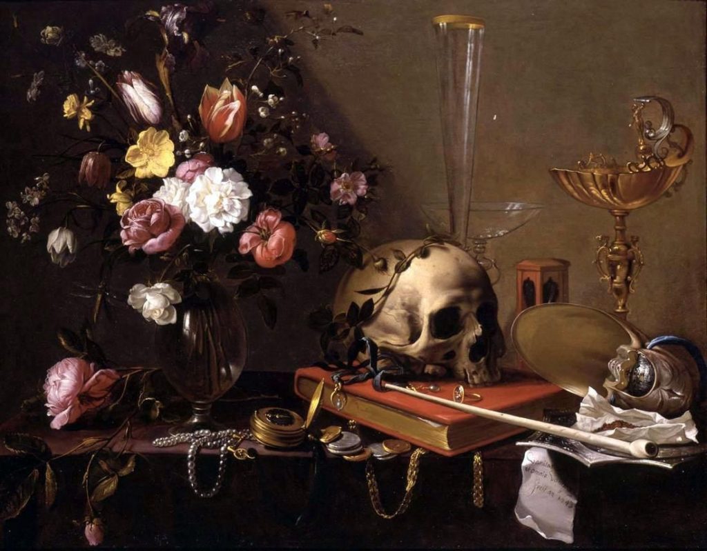 adriaen van utrecht vanitas still life with bouquet and skull