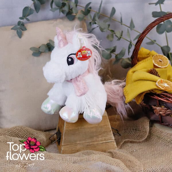 White unicorn with pink scarf | 25 cm.