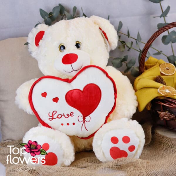 Teddy Bear with heart with red border Ecru | 45 cm.