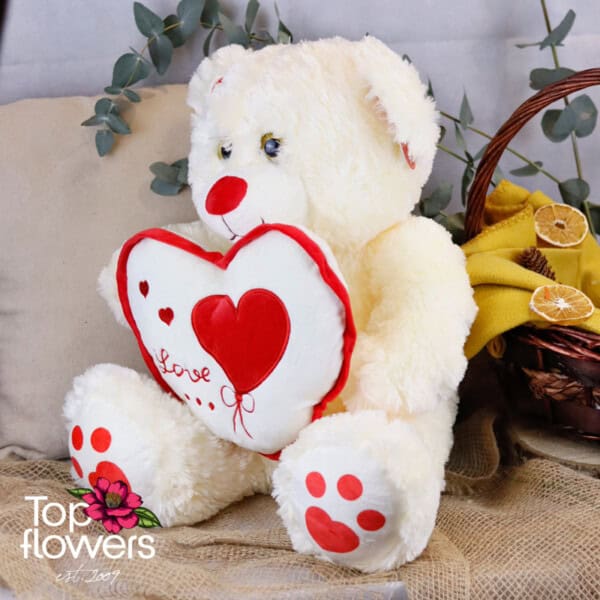 Teddy Bear with heart with red border Ecru | 45 cm.