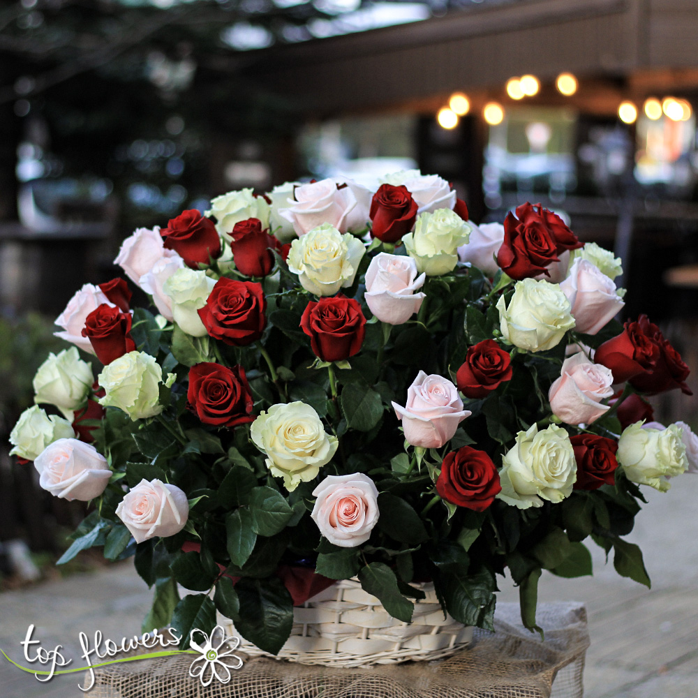 Basket 101 red, white and pink roses