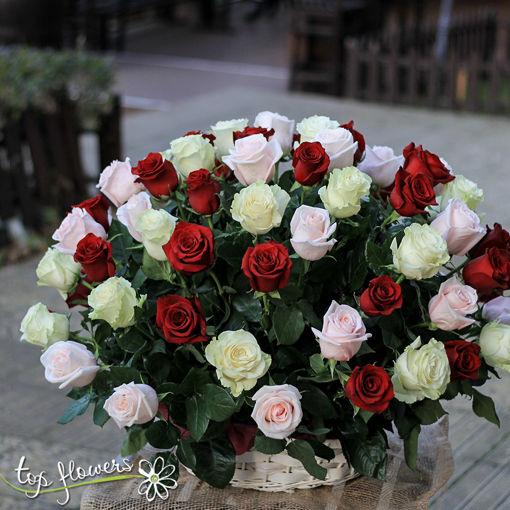 Basket 101 red, white and pink roses
