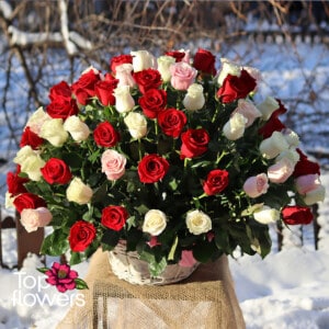 Basket 101 red, white and pink roses