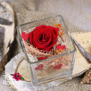 Red eternal rose in a glass vessel with romantic decoration and hearts