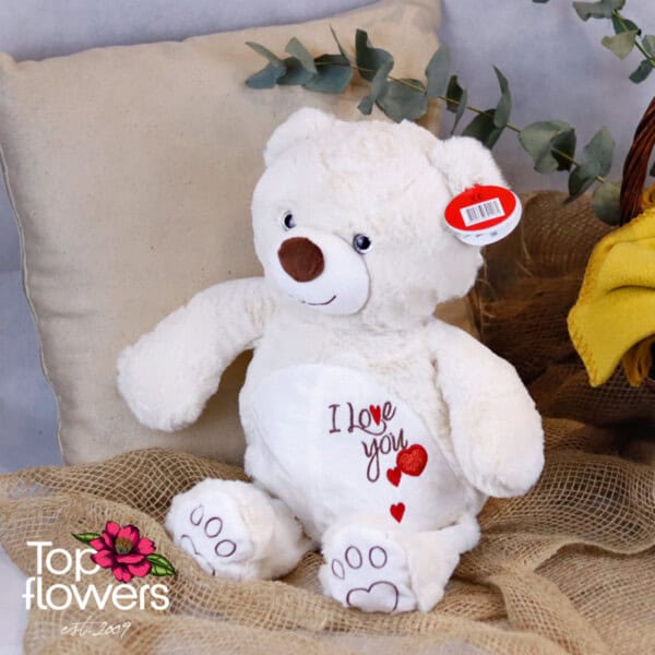 Teddy bear with embroidered hearts | 33 cm.