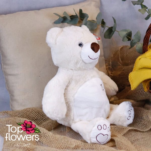 Teddy bear with embroidered hearts | 33 cm.