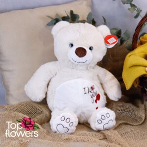 Teddy bear with embroidered hearts | 33 cm.
