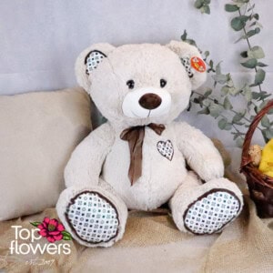 Teddy Bear with Bow and Appliqued Heart in Beige | 50 cm.