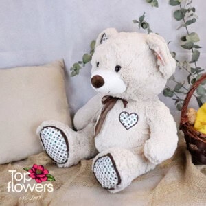 Teddy Bear with Bow and Appliqued Heart in Beige | 50 cm.