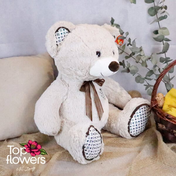 Teddy Bear with Bow and Appliqued Heart in Beige | 50 cm.