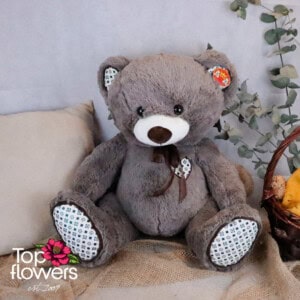 Bear with bow and appliquéd heart in grey | 50 cm.