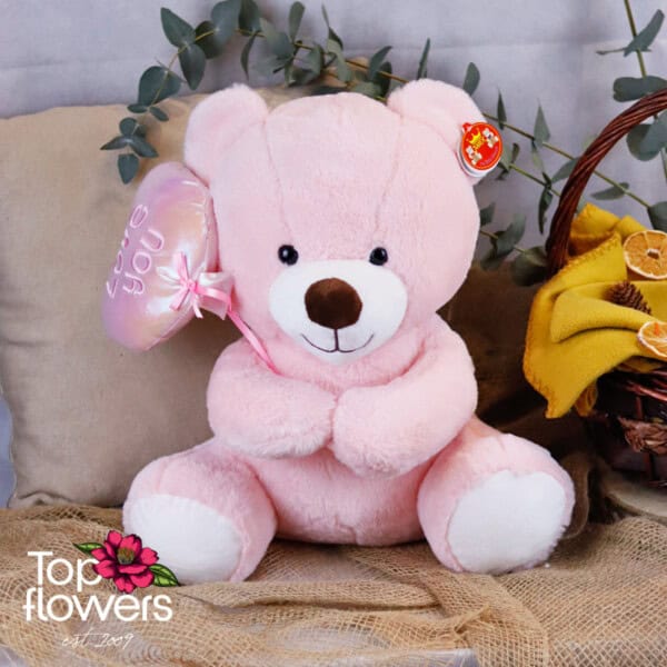 Plush Teddy Bear with Heart Balloon in Pink | 38 cm.