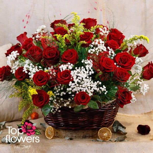 39 Red Roses with greens | Basket