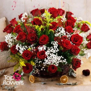 39 Red Roses with greens | Basket