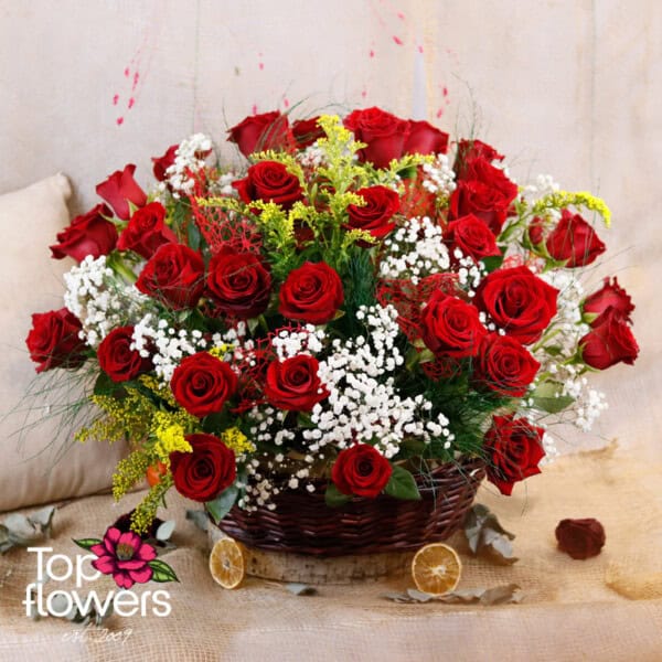 39 Red Roses with greens | Basket