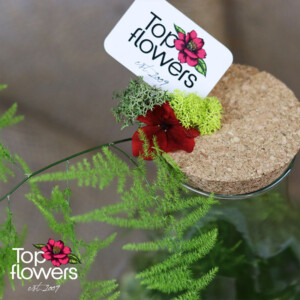Glass container with a mix of flowers and Scandinavian moss - detail of a stylish composition from a flower shop