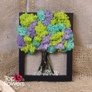 Living moss art tree made of Scandinavian moss in green, purple, and turquoise – flower shop