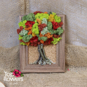 Living picture tree made of Scandinavian moss in green, orange, and red – flower shop