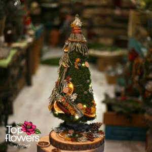 Арт инсталация елхичка от естествен мъх с декорации и LED светлини върху дървена основа - Top Flowers