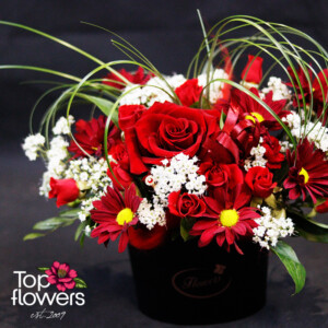 “Lipstick at Midnight” arrangement with red rose, mini roses, and burgundy chrysanthemums in a black box