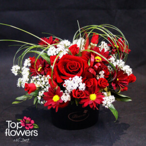 “Lipstick at Midnight” arrangement with red rose, mini roses, and burgundy chrysanthemums in a black box