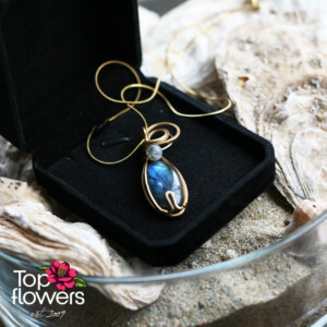 Колие с лабрадорит в черна кутия върху морски декор