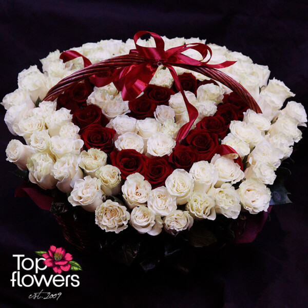 101 White and Red Roses Heart | Basket