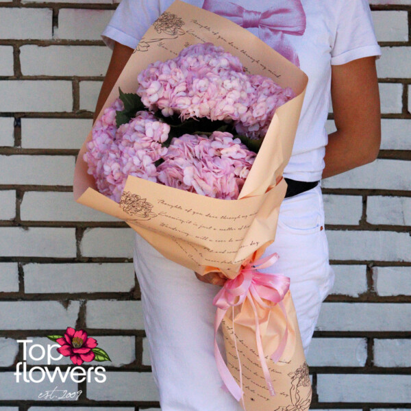 Pink Magic bouquet with pink hydrangeas, elegantly wrapped, held by a woman