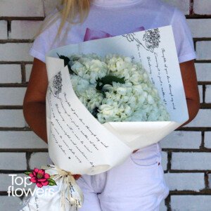 White Magic – classic white hydrangea bouquet held by a woman