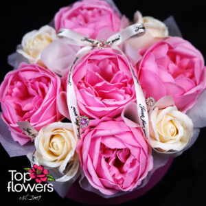Box with pink and cream soap roses