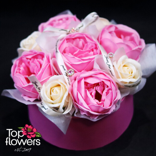 Tender composition of peony-style soap flowers