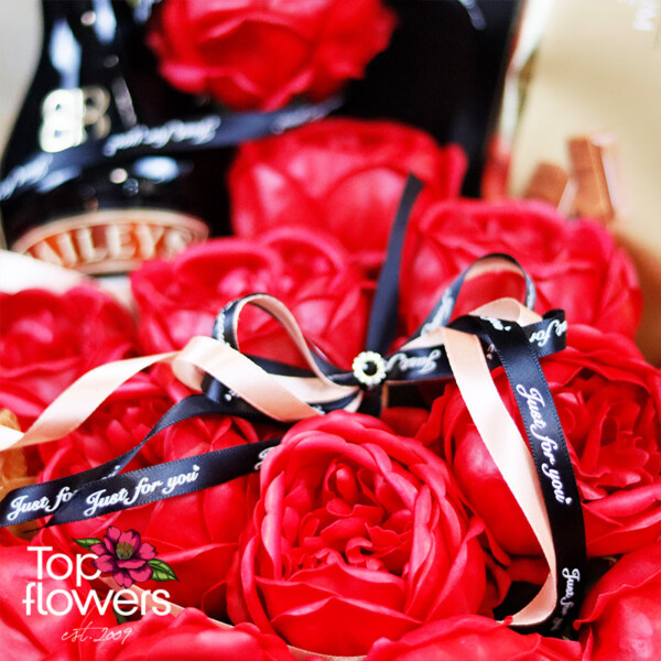 Peony-style soap roses in a stylish black box