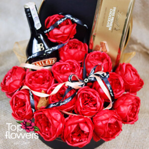 Elegant box with soap roses, Baileys, and Lindt chocolate