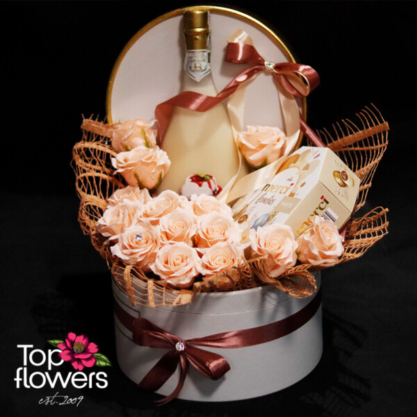 Box with soap roses, Bottega liqueur, and Merci