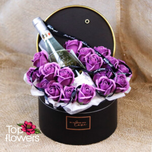Elegant gift set with soap roses and white wine