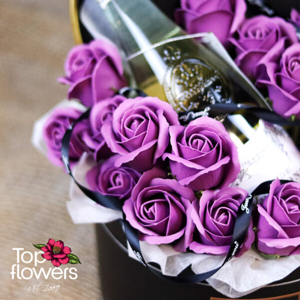 Luxury box with soap roses and Italian wine