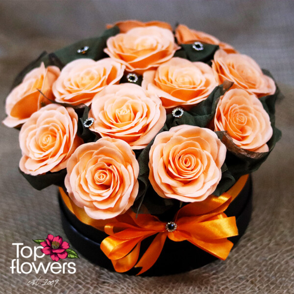Peach soap roses with gems and green accents