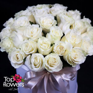 31 white roses arranged in a stylish tube with floral foam for freshness