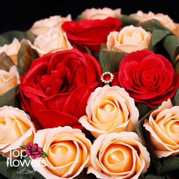 Detail of soap roses in a box with decorative elements