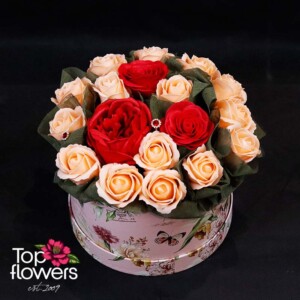 Box “Flame and Tenderness” with red and cream soap roses