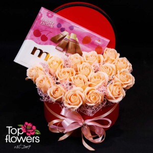 Soap roses in a box with Merci Limited Edition chocolates