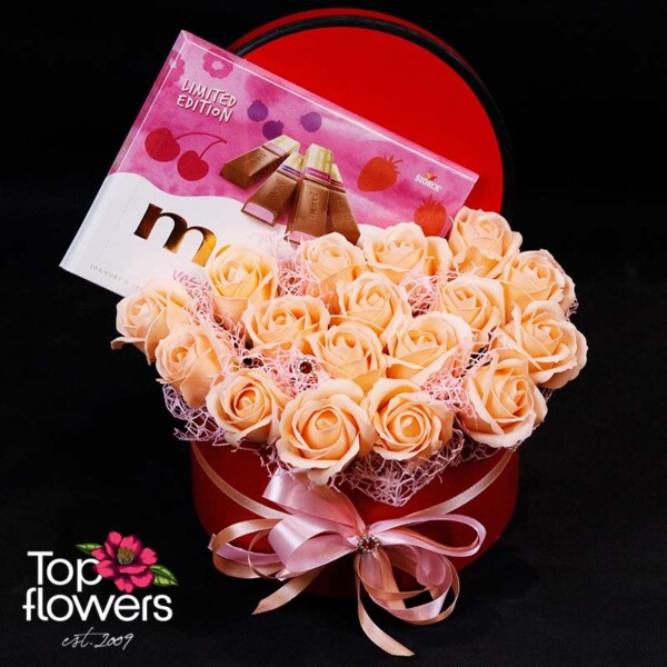 Soap roses in a box with Merci Limited Edition chocolates