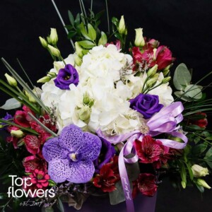 Vanda orchid and alstroemeria in “Elmira” flower box