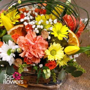 Floral arrangement “Cuba” with tulips, carnations, and chrysanthemums